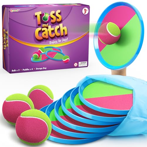 Aywewii Toss and Catch Ball Set Game Kids Outdoor Toys for Beach Pool Yard, Birthday Gift for Boy Girl Ages 3 4 5 6 7 8-12 Year Old, Outside Family Party Camping Games, 6 Paddles 3 Balls & Carry Bag