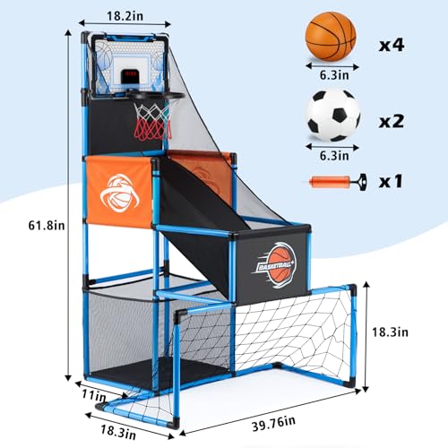 2 in 1 Basketball Arcade Game & Soccer Goal for Kids, Adjustable Kid Basketball Hoop with 6 Balls and Pump, Indoor Outdoor Games for Kid Toys for 3-12 Year Old Kids Birthday Gifts for Boys Girls