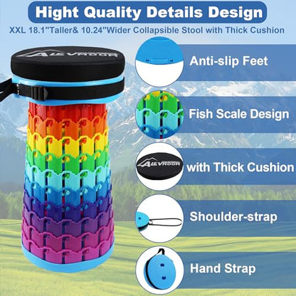 ALEVMOOM 2026 Collapsible Stool with Thick Cushion, H18.1 D10.24 More Sturdy Capacity 600Ib,Collapsible Adjustable Folding Stool for Camping Hiking Mountain Garden BBQ - color: Rainbow