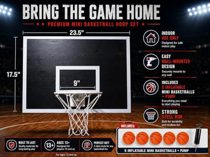 CALIKIWIPROS Mini Basketball Hoop Set Pro League Decorative Solid Wood Wall Mount, Includes 9’ Hoop & 5 mini Basketballs, Classic Look with Colors Matching Some pro Teams. - style: Black White