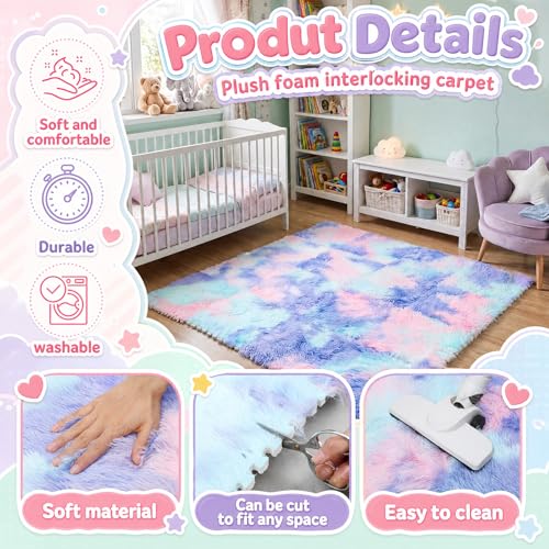 16 Pcs Hot Pink Purple Faux Fur Floor Tiles, 11.8 x 11.8 in Puzzle Girls Play Soft Tiles, 1.5 Inch Shaggy Square, EVA Foam Floor Mat for Nursery, Playroom, Bedroom, Toddler Room, Daycare - color: Hot Pink Purple