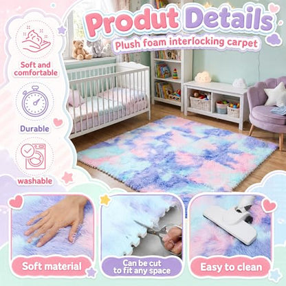 16 Pcs Hot Pink Purple Faux Fur Floor Tiles, 11.8 x 11.8 in Puzzle Girls Play Soft Tiles, 1.5 Inch Shaggy Square, EVA Foam Floor Mat for Nursery, Playroom, Bedroom, Toddler Room, Daycare - color: Hot Pink Purple