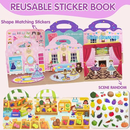 2 Sets Reusable Sticker Book for Kids, Puffy Jelly Stickers for Toddlers, Travel Essentials Craft Activities Toys for Girls Birthday Gifts - Princess, Fruits & Vegetables - color: 2 Sets - Princess Dress Up/Fruits & Vegetables