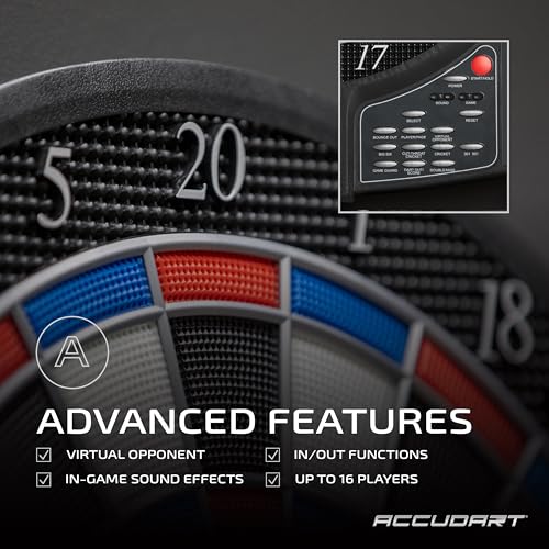 Accudart Aurora 15.5” Tournament‑Size Electronic Dartboard – 41 Games, 323 Variations, 10 LED Displays for 16 Players, Virtual Opponent, Wide Catch Ring – Includes AC Adapter & Darts