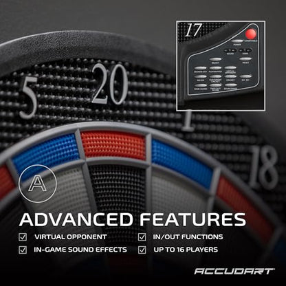 Accudart Aurora 15.5” Tournament‑Size Electronic Dartboard – 41 Games, 323 Variations, 10 LED Displays for 16 Players, Virtual Opponent, Wide Catch Ring – Includes AC Adapter & Darts