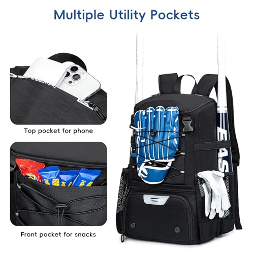 KAVIGOR Baseball Bag for Youth and Adult, Softball Backpack 40L Large Capacity, Bat Backpack with Shoes Compartment and Hidden Helmet Holder - color: Black
