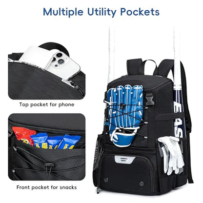 KAVIGOR Baseball Bag for Youth and Adult, Softball Backpack 40L Large Capacity, Bat Backpack with Shoes Compartment and Hidden Helmet Holder - color: Black
