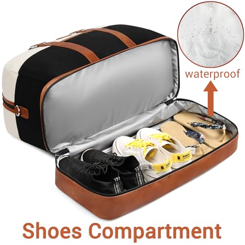 Weekender Bag for Women, Large Overnight Bag Canvas Travel Duffel Bag Carry On Tote with Shoe Compartment 21" 3Pcs Set - color: A11-brown+beige+black