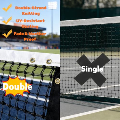 Professional Tennis Net 42ft x 3.5ft – Top 6-Row Double Layer, 2.5mm Twisted PE, 4.5cm Mesh, UV/Waterproof, 6mm Steel Cable – Complete Kit for Court, Backyard or Driveway