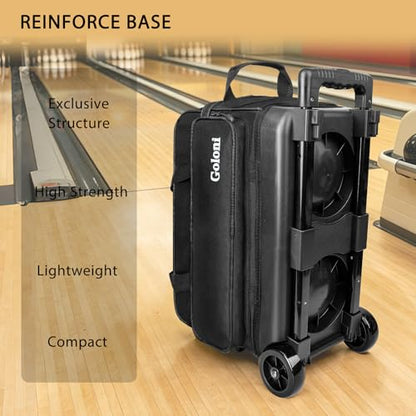 Goloni Double Roller 2 Ball Bowling Bag with Separate Shoe Compartment,2 Ball Bowling Bag with Wheels,Retractable Handle Extends to 40" - color: Black