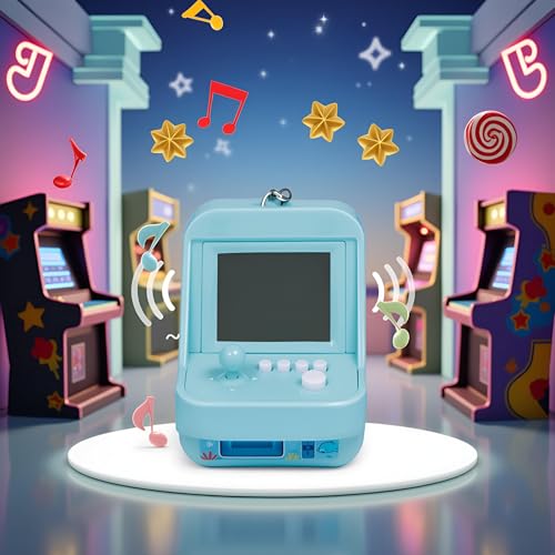 1PC Blue Micro Player Mini Arcade Machine with Keychain, 26 Classic Game Modes Support Music Mini Building Block Game Console for Plug and Play Video Games Automotive Trim Automobile Keychains