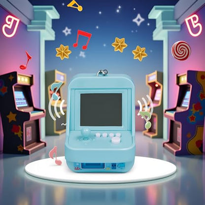 1PC Blue Micro Player Mini Arcade Machine with Keychain, 26 Classic Game Modes Support Music Mini Building Block Game Console for Plug and Play Video Games Automotive Trim Automobile Keychains