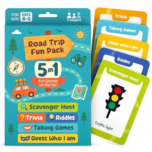 WELL BALANCED 5-in-1 Road Trip Games for Kids Ages 4-8 – Car Games, Riddles, Trivia, Scavenger Hunt – Car Ride Essentials for Screen-Free Fun – Road Trip Activities for Kids