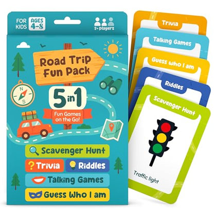 WELL BALANCED 5-in-1 Road Trip Games for Kids Ages 4-8 – Car Games, Riddles, Trivia, Scavenger Hunt – Car Ride Essentials for Screen-Free Fun – Road Trip Activities for Kids