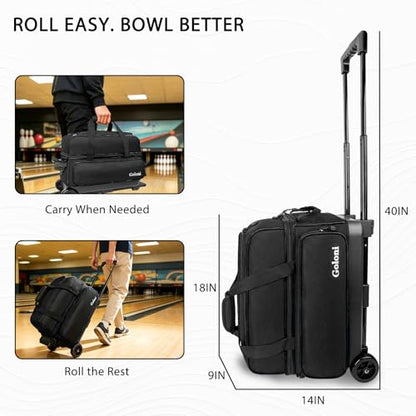 Goloni Double Roller 2 Ball Bowling Bag with Separate Shoe Compartment,2 Ball Bowling Bag with Wheels,Retractable Handle Extends to 40" - color: Black