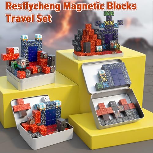 70PCS Magnetic Building Blocks Travel Toys for Kids Ages 4-8, Lava Portal Mini Magnetic Blocks with Iron Storage Box, Portable Magnet Cubes STEM Learning Set for Toddler Boys Girls Ages 3+ - style: Lava Portal