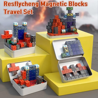70PCS Magnetic Building Blocks Travel Toys for Kids Ages 4-8, Lava Portal Mini Magnetic Blocks with Iron Storage Box, Portable Magnet Cubes STEM Learning Set for Toddler Boys Girls Ages 3+ - style: Lava Portal