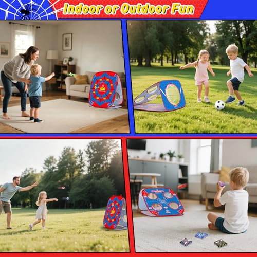 4-in-1 Spider Bean Bag Toss Game for Kids, Kids Cornhole Game Set Indoor Outdoor Toys for Boys Girls Ages 3-8, Football Toss Sticky Ball Dart Game, Backyard Lawn Beach Birthday Party Gift