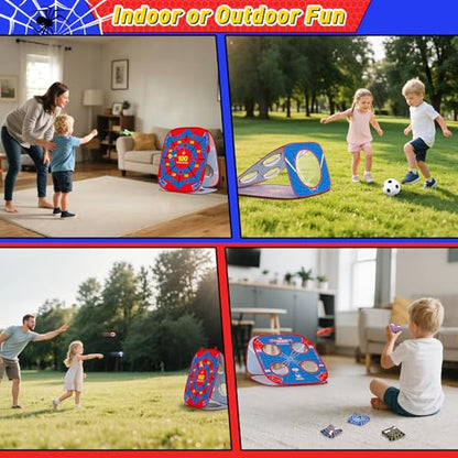 4-in-1 Spider Bean Bag Toss Game for Kids, Kids Cornhole Game Set Indoor Outdoor Toys for Boys Girls Ages 3-8, Football Toss Sticky Ball Dart Game, Backyard Lawn Beach Birthday Party Gift