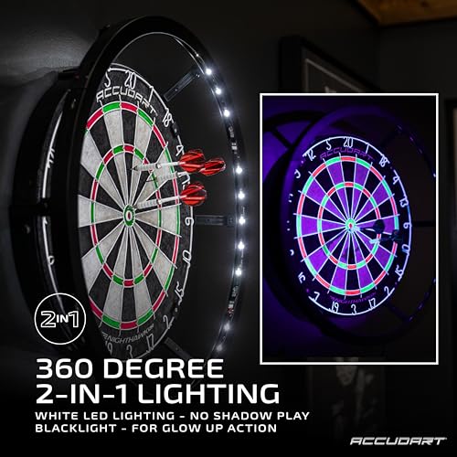 Accudart Nighthawk 2‑in‑1 LED & Blacklight Bristle Dartboard Surround Set – Official 18” Sisal Board, 360° Lighting with Dimmer, Glow‑in‑the‑Dark Steel Tip Darts Included