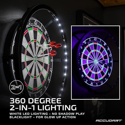 Accudart Nighthawk 2‑in‑1 LED & Blacklight Bristle Dartboard Surround Set – Official 18” Sisal Board, 360° Lighting with Dimmer, Glow‑in‑the‑Dark Steel Tip Darts Included