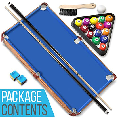 SereneLife 4.5ft Folding Pool Table, 55in Portable Foldable Billiards Game Table for Kids and Adults with Accessories, Indoor and Outdoor Games with Sticks, Cue, Balls and Triangle, Blue