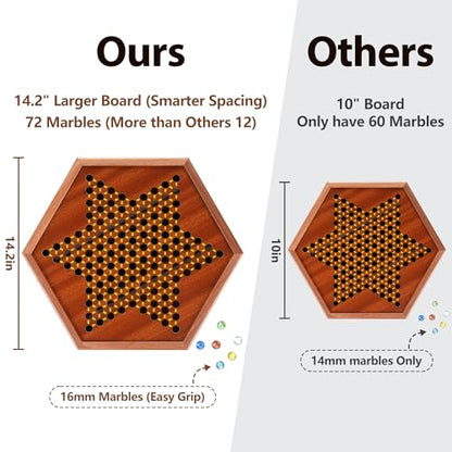 14.2" Wooden Chinese Checkers Board Game with Storage Drawer | 6-Player Marble Strategy Game | Classic Family Board Game for Kids & Adults | 16mm 60+12 Colorful Glass Marbles, More Easy Grasping