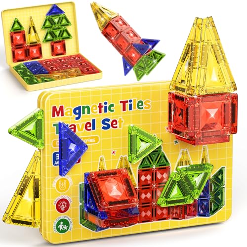 Mini Magnetic Tiles Travel Set - 40PCS Diamond Texture Magnetic Building Blocks for Kids, 10% Thicker & Portable Yellow Metal Storage Box, Montessori STEM Educational Toys Gift for Ages 3+ - size: 40 PCS