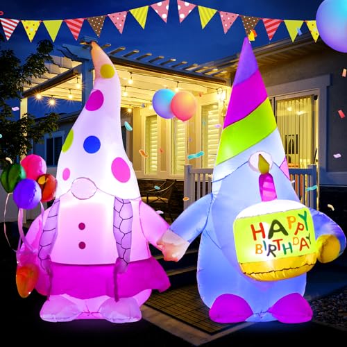 DomKom [New] 5FT Birthday Inflatable Gnomes Cake Outdoor Decoration,Build-in LED Lights, for Happy Birthday Party Outdoor,Indoor,Garden Yard Lawn Decor - color: Gnomes
