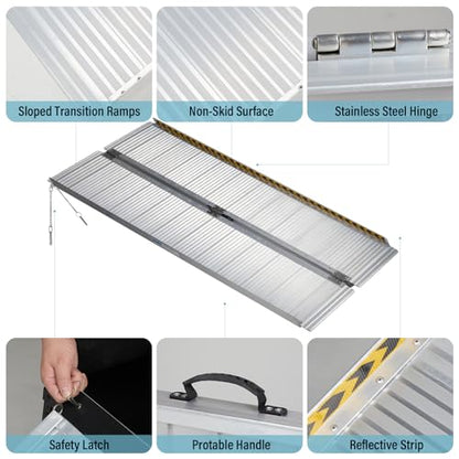 6 Feet Aluminum Folding Wheelchair Ramp | Non-Skid Handicap Threshold Wheel Chair Ramp for Home Steps, Stairs, Entry, Threshold, Doorways, 600LBS Capacity,28in Wide - size: 6FT-bi-fold-silvery