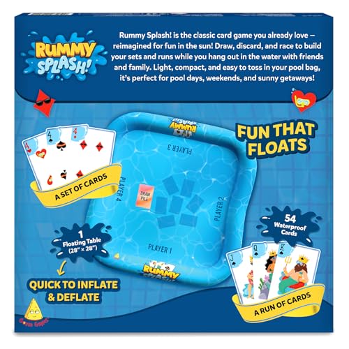Gouda Games Pool Rummy Splash – Floating Pool Game Table (28” x 28”), Waterproof Cards, Inflatable Pool Toy for Kids & Adults, Family Pool Party Game for Ages 8, 9, 10, 11 and Up, 2-4 Players