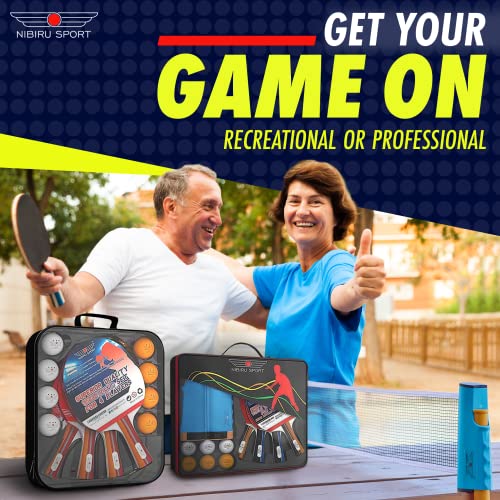 NIBIRU SPORT Professional Ping Pong Paddle Sets - 2 Player or 4 Player Table Tennis Paddles, Retractable Net, Pingpong Balls and Carry Bag Storage Case - Table Tennis Equipment & Ping Pong Accessories - style: 4 Paddles+6 Balls+Net