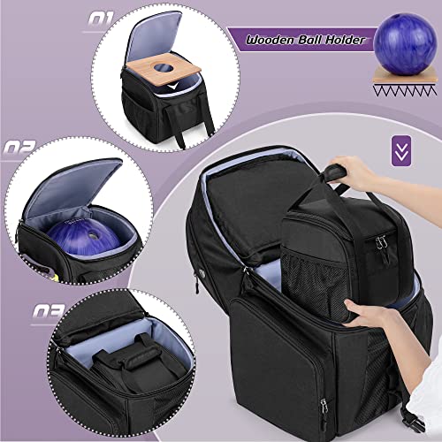 DSLEAF Bowling Backpack and Separate Ball Bag Combo, Bowling Ball Bag with Wooden Ball Holder and Shoe Compartment for US Mens 16 and Multi-Pockets for Accessories (Patent Design)
