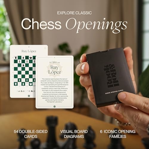 Rook & Roll Tournament Size Chess Set for Adults 15+ with 54 Opening Cards, 20”x20” Roll Up Mousepad Board, Triple Weighted Staunton Pieces, 3.75” King, 2.2 oz, 2 Extra Queens, EVA Case