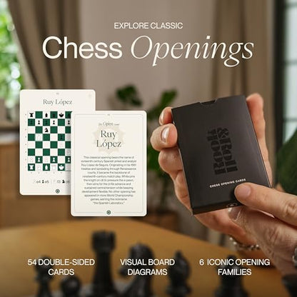 Rook & Roll Tournament Size Chess Set for Adults 15+ with 54 Opening Cards, 20”x20” Roll Up Mousepad Board, Triple Weighted Staunton Pieces, 3.75” King, 2.2 oz, 2 Extra Queens, EVA Case