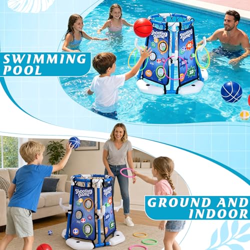 4-in-1 Floating Pool Basketball Hoop Set: Includes Ring Toss Game, Air Pump Launcher, 4 Balls & Sticky Balls – Outdoor Water Toys for Kids Ages 3-12, Family Pool Party Games