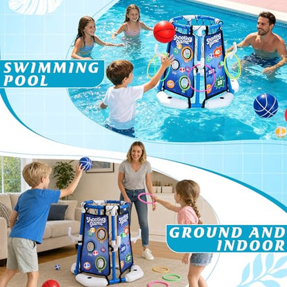 4-in-1 Floating Pool Basketball Hoop Set: Includes Ring Toss Game, Air Pump Launcher, 4 Balls & Sticky Balls – Outdoor Water Toys for Kids Ages 3-12, Family Pool Party Games