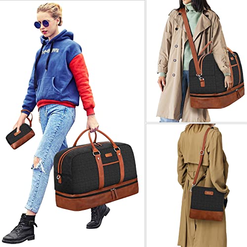 Weekender Bag for Women, Large Overnight Bag Canvas Travel Duffel Bag Carry On Tote with Shoe Compartment 21" 3Pcs Set - color: A12-brown+black