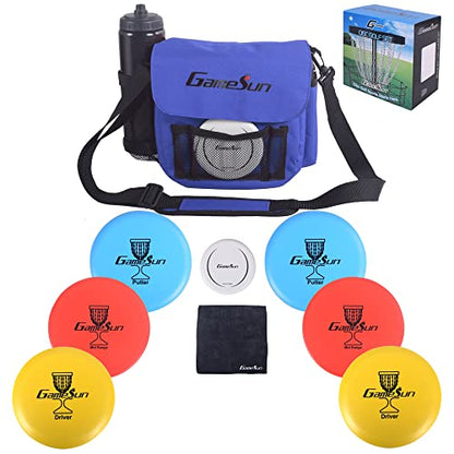 DISC Golf Set-Includes 1pc Heavy Duty Nylon Carry Bag, 2pcs Drivers, 2pcs Mid-Ranges, 2pcs Putters, 1pc Mini Disc Marker, 1pc 12”x12” Embroider Logo Black Towel and 1pc Gift Color Box - color: Blue