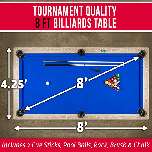 GoSports 8 ft Pool Tables with Wood Finish - Choose Your Style - Modern Billiards Table with 2 Cue Sticks, Balls, Rack, Felt Brush and Chalk - color: Blue, Brown Wood Finish