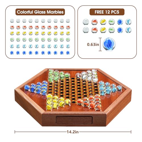 14.2" Wooden Chinese Checkers Board Game with Storage Drawer | 6-Player Marble Strategy Game | Classic Family Board Game for Kids & Adults | 16mm 60+12 Colorful Glass Marbles, More Easy Grasping