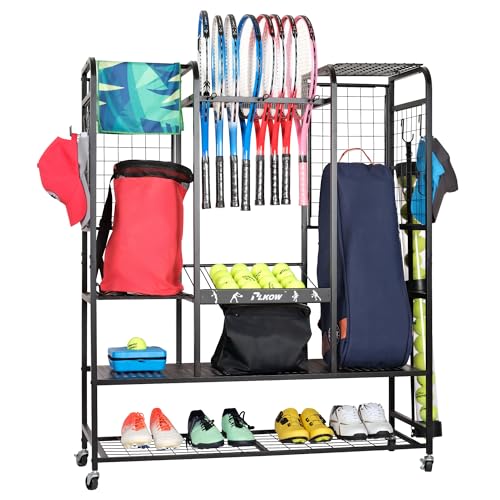 PLKOW Tennis Bag Organizer Tennis Racket Storage Rack, Tennis Equipment Holder for Bags, Balls, Racquet & Accessories, Versatile Gear Organizer for Garage, Club, or School - color: Black, 46''L x 15.7''W x 55.5''H