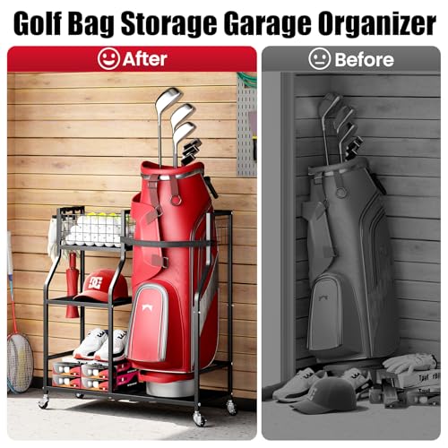 TOOLF Golf Bag Organizer, Golf Club Storage with Wheels, Sturdy Metal Golf Bag Holder Stand for Home, Garage, Outdoor, Includes 4 Storage Sections & Removable Hooks