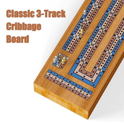 Wooden Cribbage Board Game Set – Continuous 3-Track Cribbage Board with Magnetic Lock & Large Storage, 9 Metal Pegs and 2 Decks of Cards – Portable Strategy Game for Travel & Game Nights - style: Classic