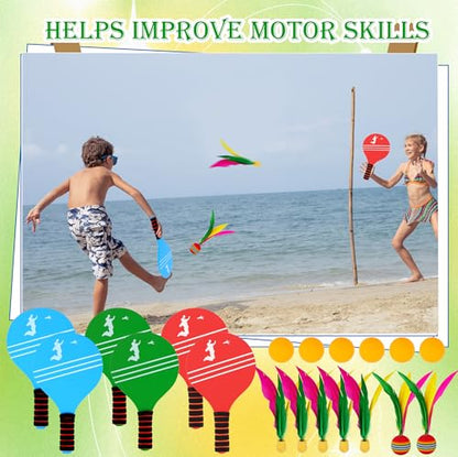 3 Set Beach Paddle Ball Sets Including 6 Paddles 15 Fast Birdies 4 Slow Birdies 6 Ping Pong Balls 3 Drawstring Bags Outdoor Sports Game for Kids Teens Adults Beach Backyard Park Lawn Party Supplies