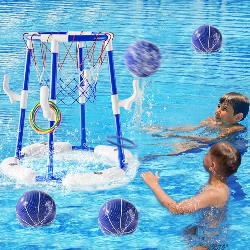 2-in-1 Pool Basketball Hoop & Ring Games with 4 Balls 12 Rings and Pump, Summer Water Outdoor Party Swimming Pool Toys Games for Kids Ages 4-8 8-12 Adult, Family Water Party Birthday Games Toys - style: 2-in-1 Pool Basketball Hoop（Blue）