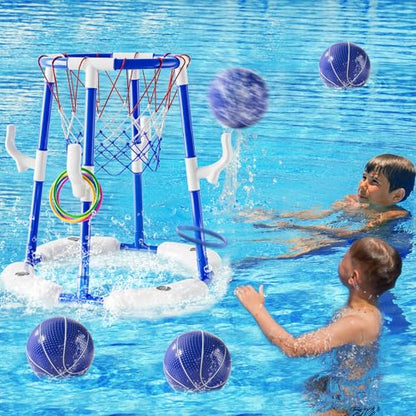 2-in-1 Pool Basketball Hoop & Ring Games with 4 Balls 12 Rings and Pump, Summer Water Outdoor Party Swimming Pool Toys Games for Kids Ages 4-8 8-12 Adult, Family Water Party Birthday Games Toys - style: 2-in-1 Pool Basketball Hoop（Blue）
