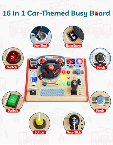 TOP BRIGHT Montessori Busy Board with LED Light, Sensory Toys with Sounds & Switches, Activity Board for Kids 3-5, Car Driving Toy for Toddler Boy, 3 Year Old Girl Boy Gifts for Birthday Christmas