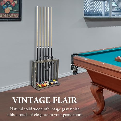 MyGift Rustic Burnt Solid Wood Freestanding Billiards Pool Cue Organizer with Ball Storage and Triangle Rack Slot