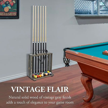 MyGift Rustic Burnt Solid Wood Freestanding Billiards Pool Cue Organizer with Ball Storage and Triangle Rack Slot